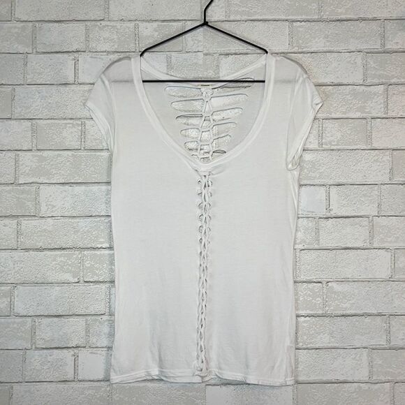 Monrow White Distressed Ladder Cotton Modal Short Sleeve Tee XS - Picture 1 of 6